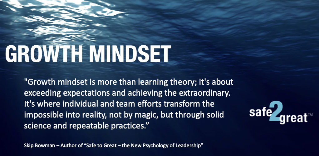 Quote about Growth Mindset from the book, Safe to Great - the new psychology of leadership